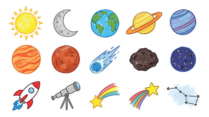 Colorful Astronomy Objects Crayon Style Flat Icon Set Vector © Fajar Mufridz M
