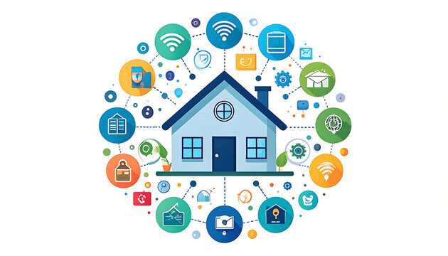 Smart home technology network connecting devices around a central house illustration, concept for automation and connectivity