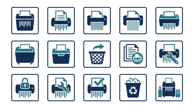 Collection of paper shredder icons for document security and destruction.