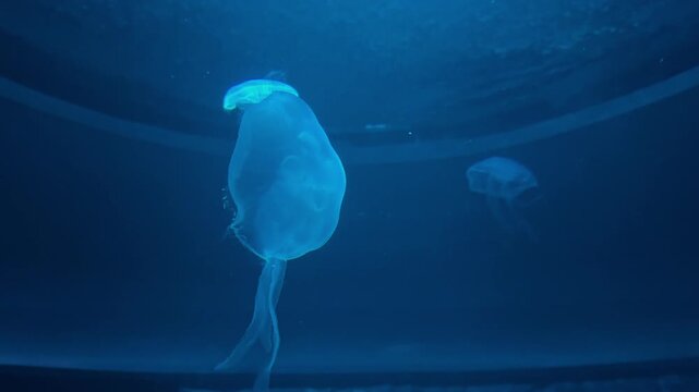 Glowing translucent moon jellyfish (Aurelia aurita) floating gracefully in deep blue dark water. Beautiful marine life, underwater creature, and aquarium concept background.