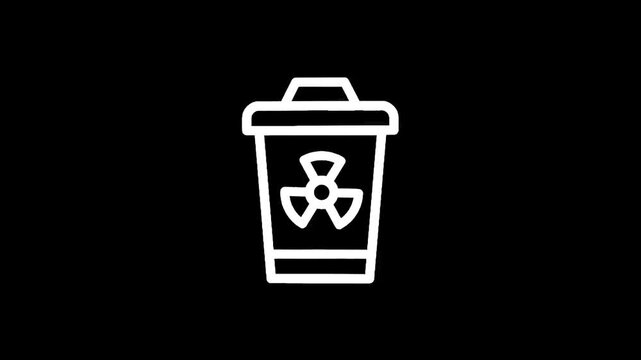 Simple white outline of a trash can with an open lid on a black background