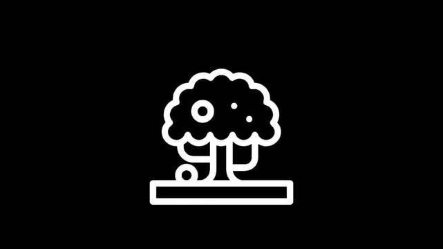 Stylized white tree icon with fruits on a black background, simple and modern design