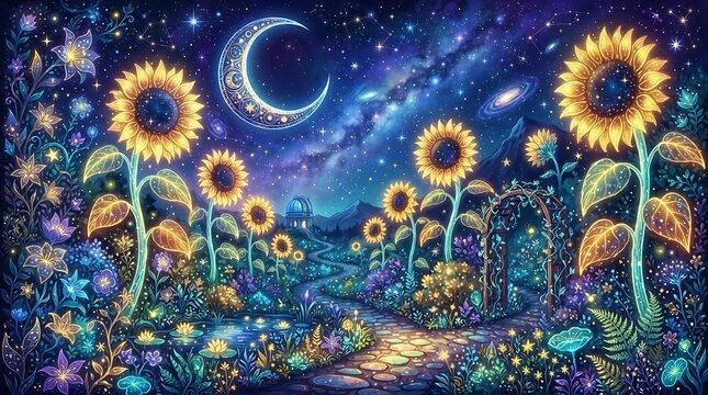 Magical moonlit sunflower garden with twinkling stars and crescent moon enchanting celestial landscape illustration.