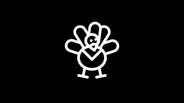 Simple white line art turkey icon on a black background, minimalist design
