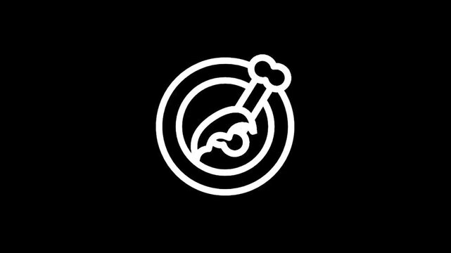 Simple white line art icon of a chicken leg on a plate against a black background