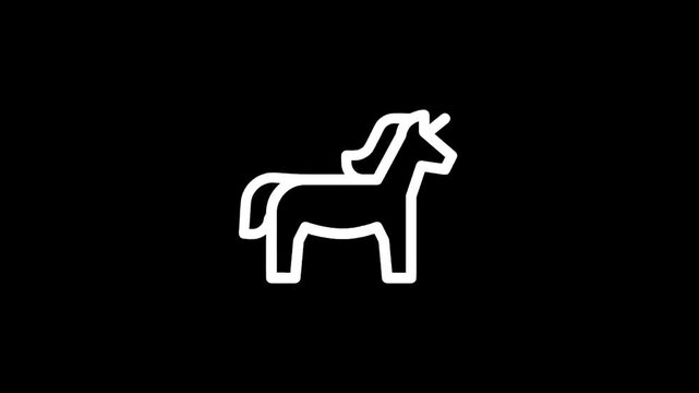 Simple white line art unicorn icon on a black background, minimalist design