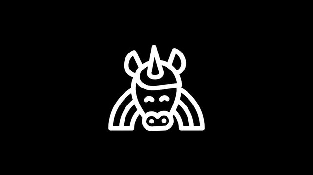 Stylized white unicorn head with rainbow mane on a black background, simple line art