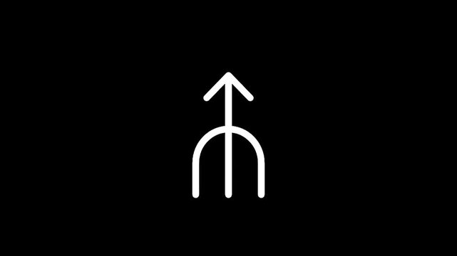 Minimalist white symbol resembling an upward arrow and a trident on a black background
