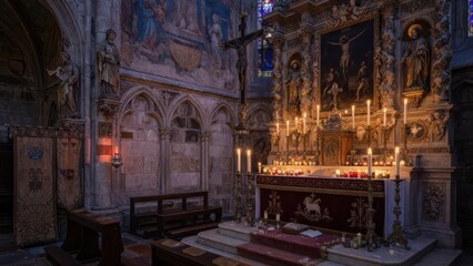 Naklejka premium View inside a historic cathedral featuring an ornate gilded sanctuary altar adorned with glowing candles religious paintings and carved stone sculptures under vaulted gothic architectural ceiling