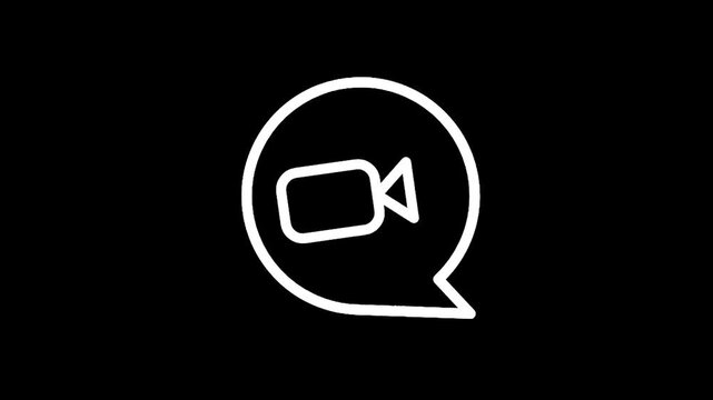 Simple white video call icon inside a speech bubble on a black background