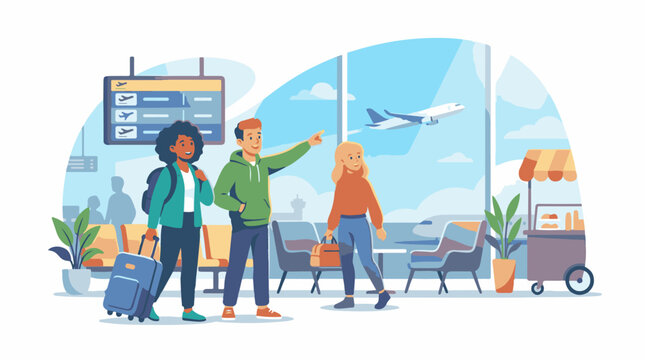 Friends waiting at airport terminal with luggage watching plane