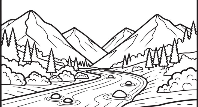 Mountain landscape with flowing river and pine forest outline drawing for coloring book page vector illustration