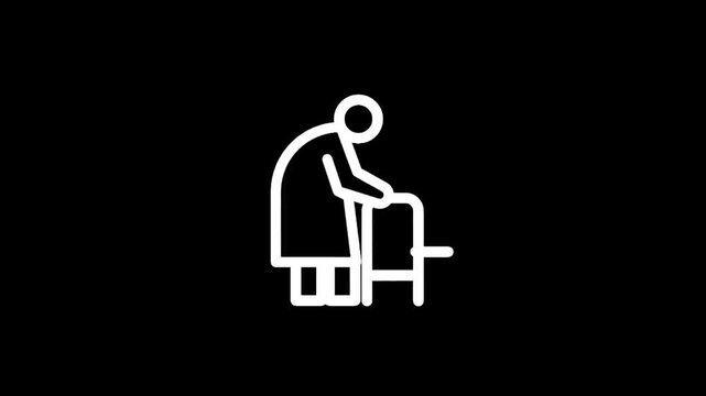 Elderly person with walker icon on black background, symbolizing aging and mobility assistance