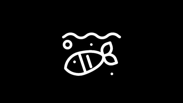 Stylized white fish skeleton icon floating underwater with waves above