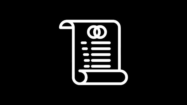 Marriage certificate icon with wedding rings and list on parchment scroll
