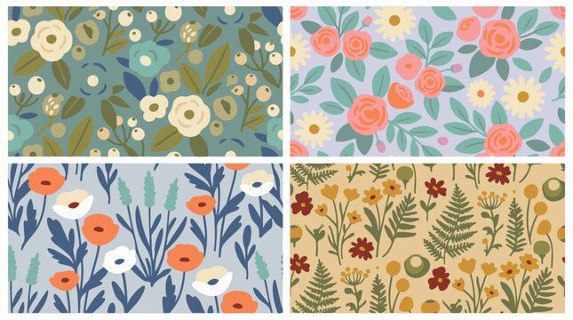 Four quadrants of floral patterns with varying color palettes