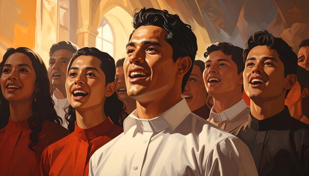 A diverse group sings joyfully, bathed in warm light within a church setting. Their expressions are full of happiness and faith