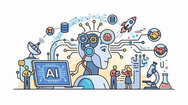 Futuristic AI concept with robots brains data and people
