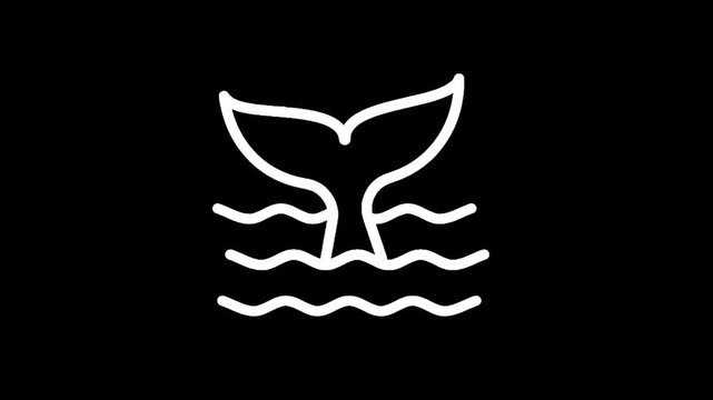 Minimalist white whale tail icon diving into wavy ocean water on black background