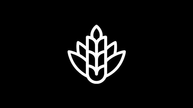 Minimalist white wheat stalk icon on a black background, representing agriculture and growth