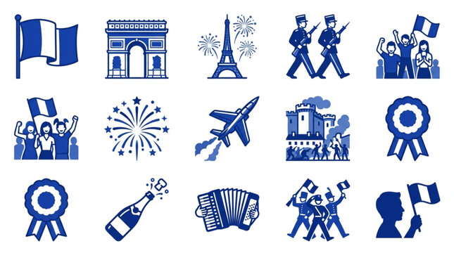 French National Day Celebration Icons Set.