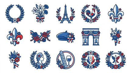 Collection of French Symbols and Icons in Blue White Red. © Slamet