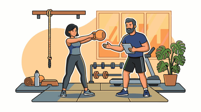 Fitness instructor guides woman lifting a kettlebell in a gym