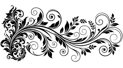 Fototapeta premium Floral ornament with swirling leaves and tendrils, black and white vector illustration