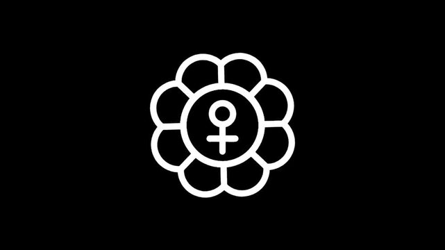 Feminine symbol inside a flower outline on a black background, representing womanhood