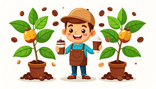 Smiling boy with coffee cups between coffee plants with fruits, pixel art style