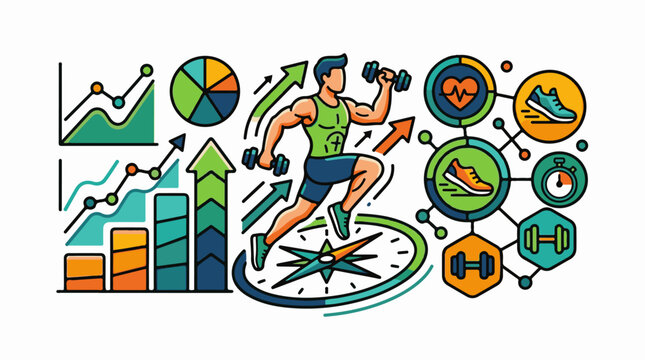 Fitness and progress icons with a runner and data visualization elements