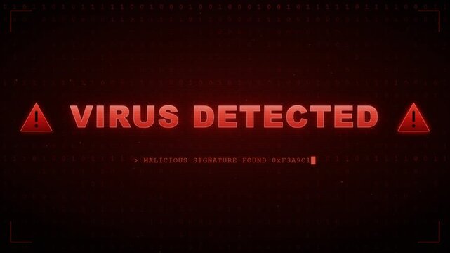 Flashing red virus detected warning message with binary code and digital glitch effects