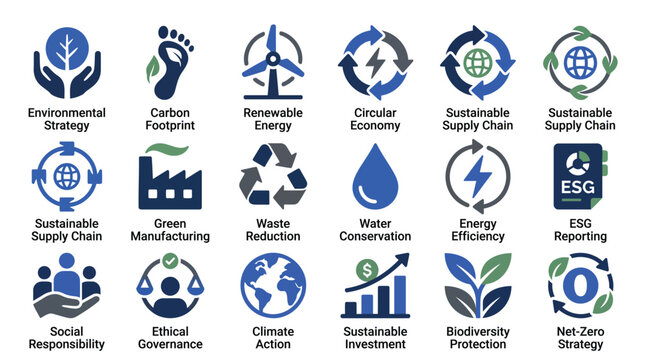 Sustainable business icons, eco friendly symbols, environmental logos, green energy signs, 25 ESG elements