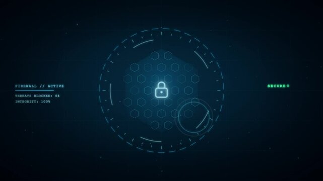 Secure digital firewall interface with glowing padlock blocking red cyber attack arrows