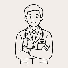 Fototapeta premium Male Doctor Character Illustration - Physician Stethoscope Lab Coat Clipboard Outline Vector