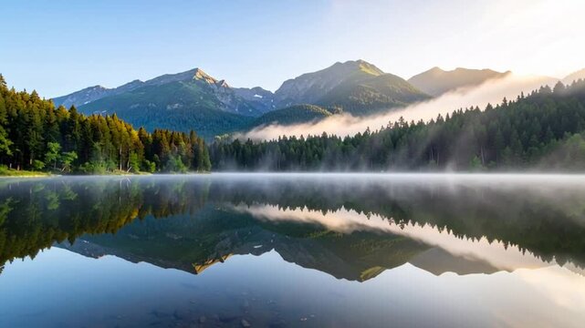 Alpine Lake at Sunrise with Mountain Reflections, Pine Forest, and Morning Mist