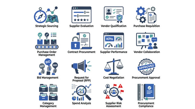 Procurement icons, business process symbols, supply chain management, logistics vector graphics