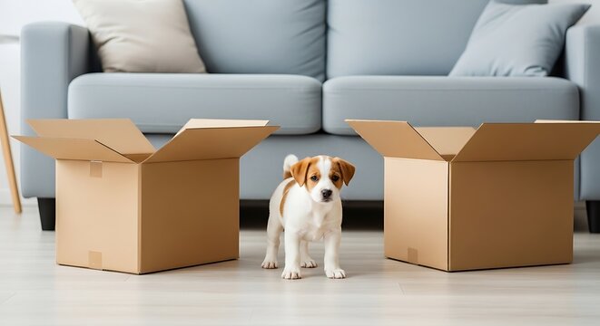 Small white dog sitting inside cardboard moving boxes.