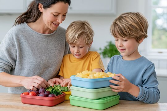 mother and two sons packing healthy school lunches in kitchen food preparation
