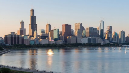 Obraz premium A panoramic view captures the iconic Chicago skyline reflecting beautifully across the calm waters of Lake Michigan as the golden sun sets behind the massive skyscrapers during a quiet summer