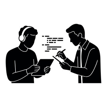 Software Developers Collaboration in Black and White Silhouette Vector