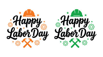 Happy labor day typography with construction tools orange green vector designs © MahfuzurRahman