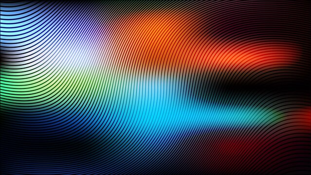 Abstract digital background with colorful gradient light beams and curved moire pattern lines on black