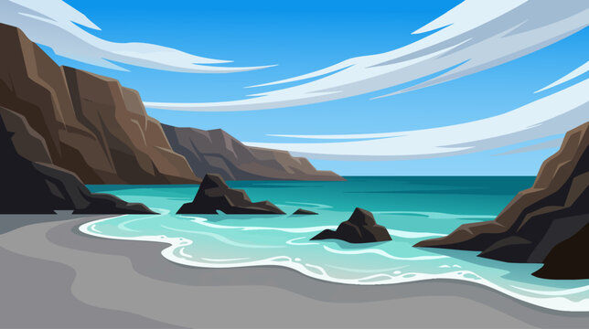 Coastal scene with cliffs and ocean waves, vector illustration.
