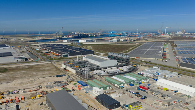 Maasvlakte Rotterdam, South Holland, Netherlands - 25 April 2026: Aerial view of Holland Hydrogen 1 Green Hydrogen Plant by Shell