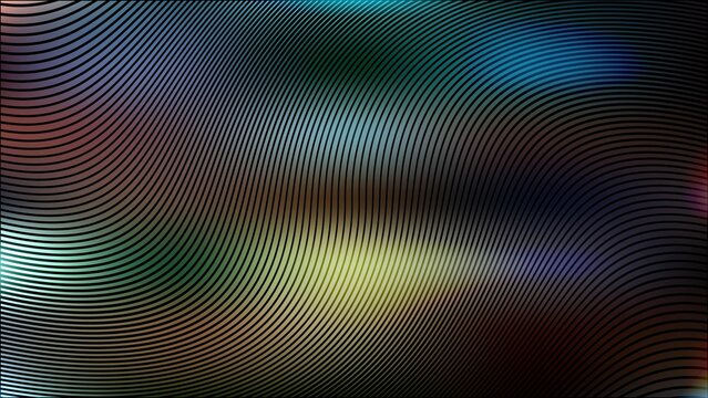 Abstract digital glitch art with colorful pixelated shapes and wavy moire pattern lines on a dark background