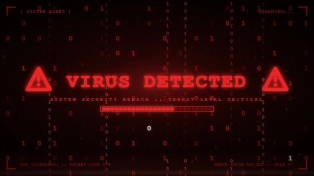 Glitching red virus detected system security breach alert over corrupted digital background