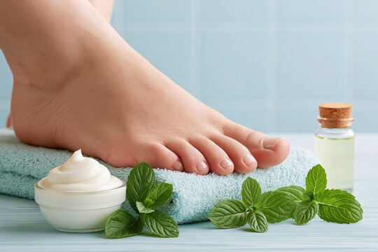 Woman foot resting on towel with mint cream spa skincare treatment wellness-routine