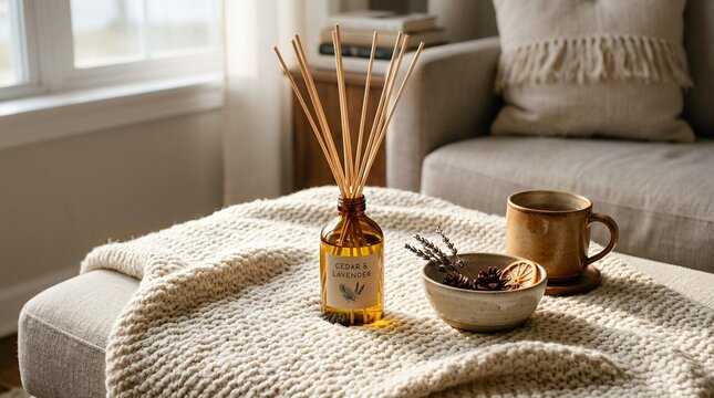 Cozy bedroom with diffuser and tea setup