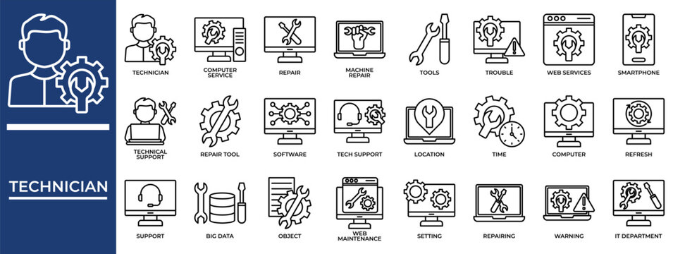 Technician icon set collection. Containing services, operation, performance, management, strategy, trouble, specialist .Line vector icons collection